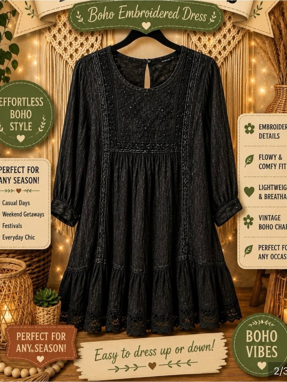 Young Threads Black Crochet Tiered Long-Sleeve Dress - Picture 2 of 6